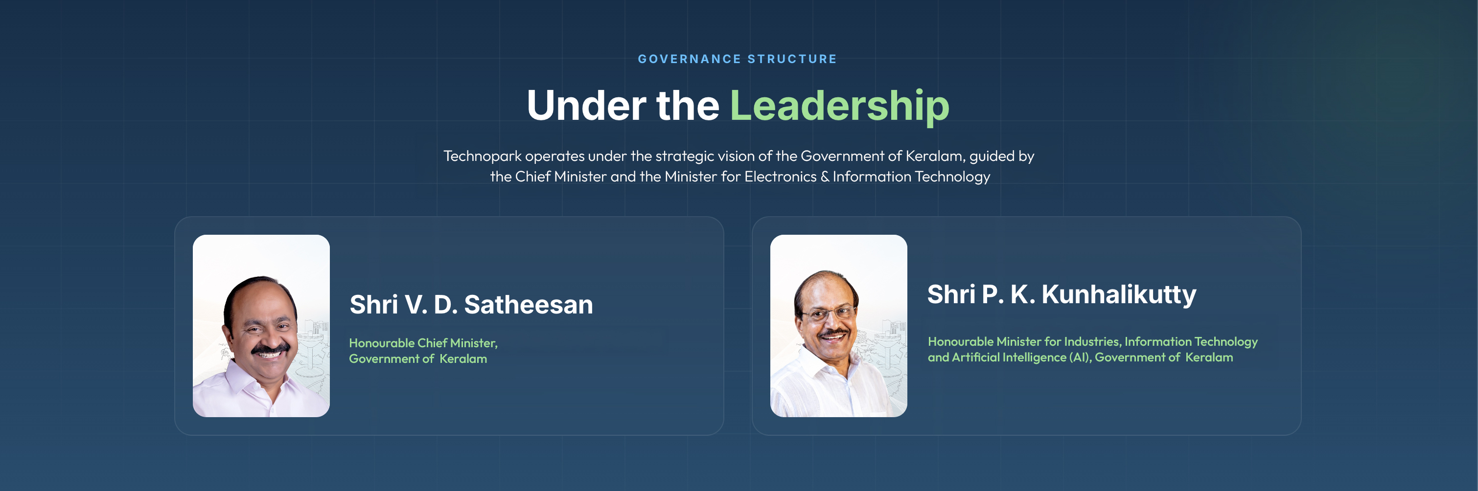 Governance structure Under the Leadership, Technopark operates under the strategic vision of the Government of Keralam ,Guided by the chief Minister and the Minister for Electronics& information Technology